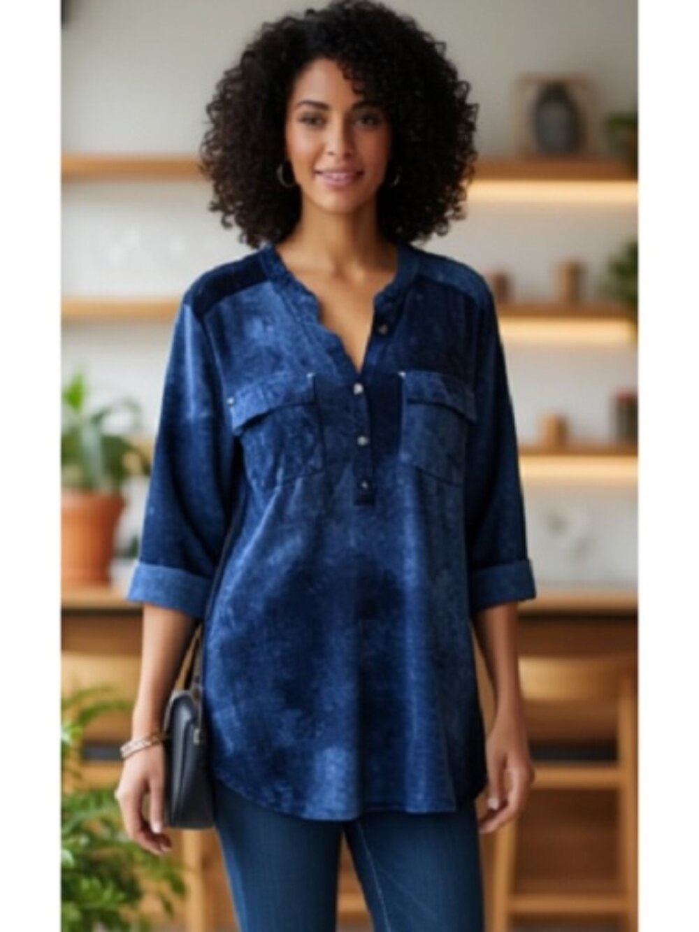 Cocomo Womens Top Blouse Popover 3/4 Sleeves Roll Tab Blue Size S